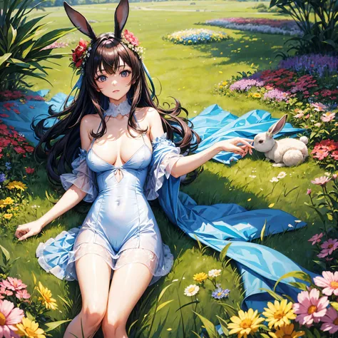 pretty lady low cut top anime style , field of flowers ,animal rabbit
