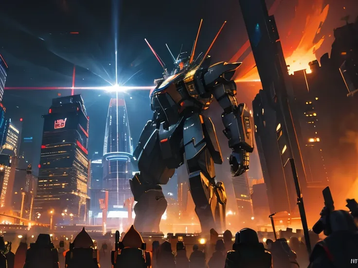 (masterpiece, highest quality, cinematic, intricate details) Huge battle mech, fighting, crowds of people, dense futuristic city, night, lasers, beans of light, smoke, cyberpunk metropolis in background, planets in sky