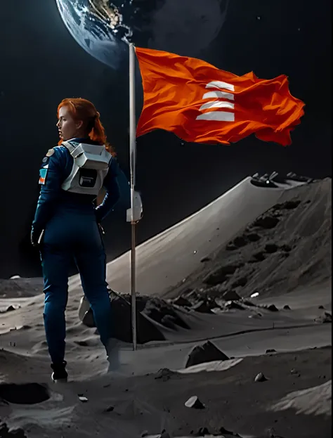 1girl, skin pores texture, ((redhead)) with ((2 buns hair)), blue eyes, ((Joana Gate)) 23 years old, piercing eyes, HD , Photography, movie, cinematic, ((slim waist)), ((full body black and orange spacesuit)), ((astronaut helmet)), ((standing on the moon w...