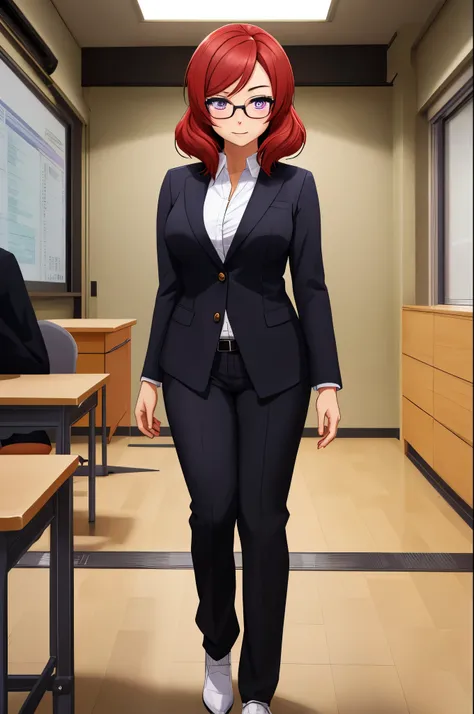 masterpiece, best quality,solo, adult woman,nishikino maki, purple eyes, breasts, looking at viewer , black suit jacket with white shirt, black pants , glasses,in class, standing 