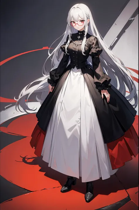 1woman, long silver hair, black eyes, red glasses, dress, standing on ground, high res, ultra sharp, 8K, masterpiece