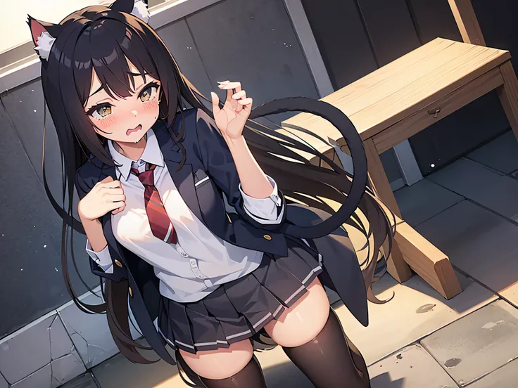 cat girl ,cat tail, cat ears, shy, blush, crying, tears, wet, cum, school uniform