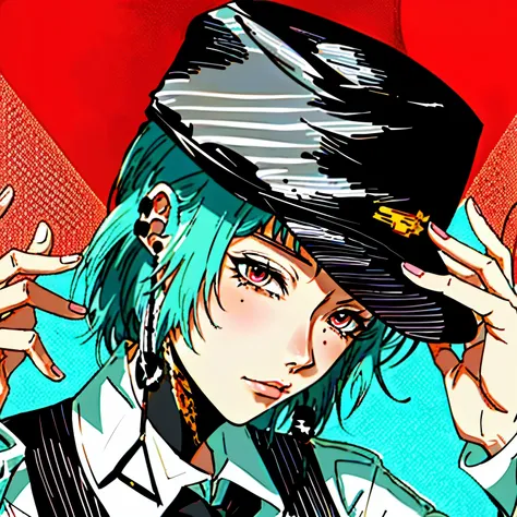 anime - style image of a woman with a top hat and a tie, colorful manga style, sui ishida art manga, inspired by Yamagata Hiro, in manga style, colorful artwork!!, zerochan, ( ( ( yoshinari yoh ) ) ), 2 b, 2b, delicate androgynous prince, detailed manga st...