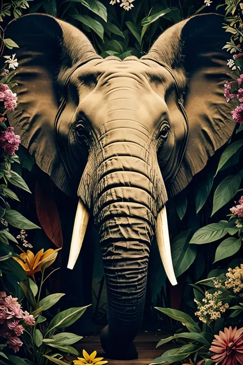 collage contemporary art, elephant head, with flowers and leaves, some brilliant insects, painted, ultra detailed, full color, v...