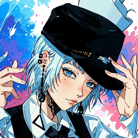 anime - style image of a woman with a top hat and a tie, colorful manga style, sui ishida art manga, inspired by Yamagata Hiro, in manga style, colorful artwork!!, zerochan, ( ( ( yoshinari yoh ) ) ), 2 b, 2b, delicate androgynous prince, detailed manga st...