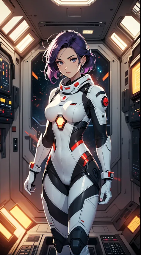 futuristic astronaut, detailed white and gold spacesuit, purple hair, inside a complex space station, advanced technology, sci-fi atmosphere, dynamic perspective muted tones, masterpiece, cinematic angle, dynamic framing, cel-shaded anime style, comic styl...