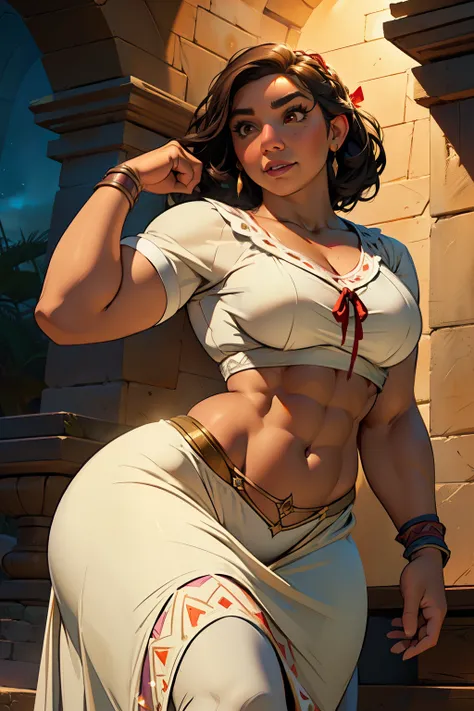 (((Luisa Madrigal from Disneys Enchanto))), toned skin, black hair, long abs, dress (curvy) (wide hips) dark atmosphere