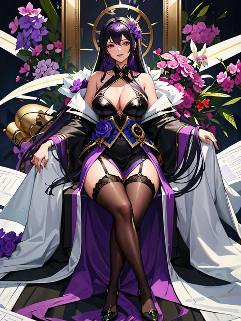 Highest resolution, 8k, ultra detailed outfit, ultra detailed digital illustration, trending on pixiv, (1 girl, solo, mature woman), dark purple hair with silver tips, large breasts, black eyes, (black veil, saw-tooth teeth, jagged teeth), elegant blue bla...