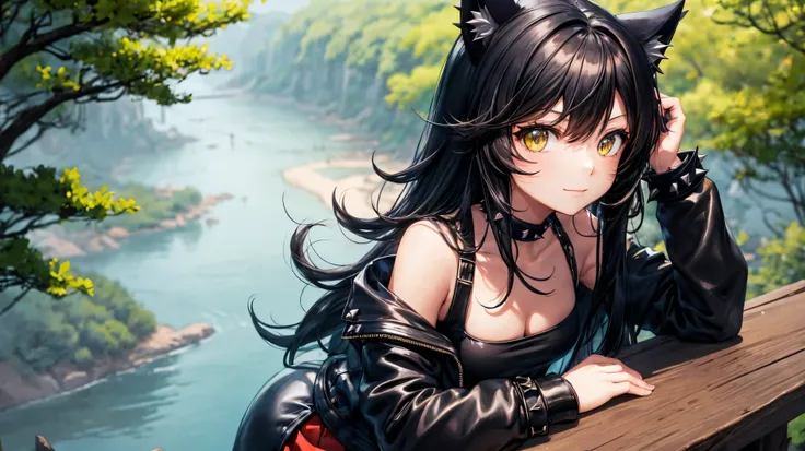 Anime, cat girl, yellow eyes, playful smile, long black flowing hair, black tanktop, black leather jacket, spiky bracelet, dark red skirt, high black leather boots, sitting on a small wall, castle and forest in the distance, hands on the wall