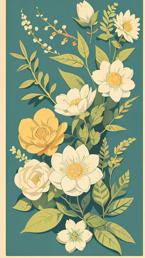 Slight vintage color,planar,,RISO print style,illustration,adolable,Leave white space,low-saturation,Lots of flowers,Individually arranged,leafs,branches,Printing, a sticker,Random distribution,Lovely drawing style, Color guide,Graphic design,Carpet patter...