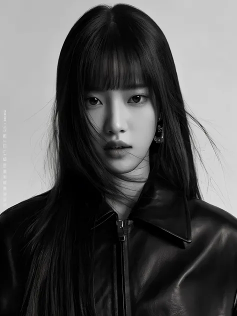 arafed woman with long hair wearing a leather jacket and earrings, portrait of jossi of blackpink, janice sung, inspired by Wang E, ji-min, jingna zhang, jinyoung shin, inspired by Kim Tschang Yeul, choi, inspired by Zhu Da, gongbi, official jil sander edi...