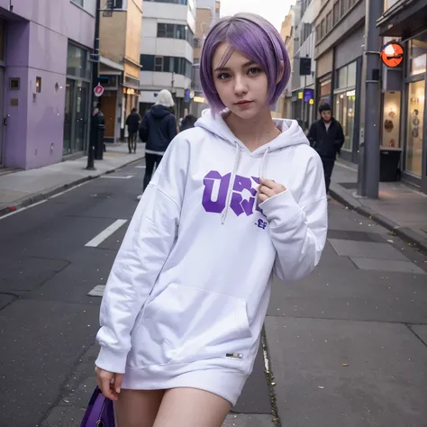 anime girl, white short hair, purple eyes, hoodie, pc, streamer, vtuber, street style, undress