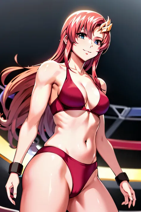 lacus4, (red bikini), (masterpiece, from below, low shot camera, showing armpit, very slim shoulders, 4K, Best Quality, Anime style: 1.9, happy, Adult Woman, (ultra detailed head), (wrestling ring with crowd, cloud background), Drawing lines, high resoluti...