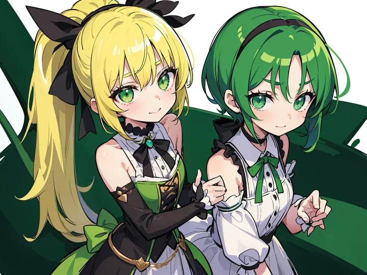 rating:safe, striped, choker, green_eyes, green_hair, blonde_hair, ((2girls)), black_choker, side_ponytail, short_hair, multiple_girls, blush, white_background, breasts, looking_at_viewer, hairband, smile, collarbone, ribbon, green_neckwear, bare_shoulders...