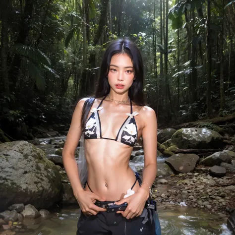 there is a woman in a bikini posing in the forest, na selva, em uma selva, em uma floresta tropical, na selva, em uma selva environment, na selva forest !!!, na selva forest, em uma floresta de selva, with beautiful exotic, lindo guarda florestal da selva,...