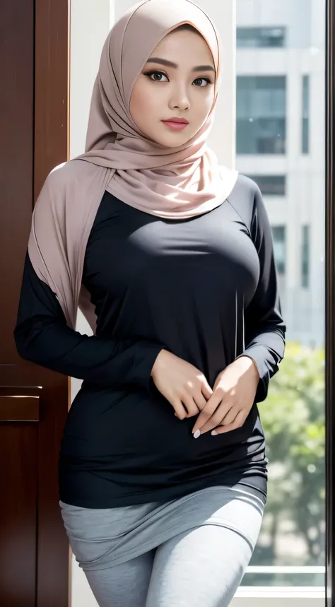 RAW, Best quality, high resolution, masterpiece: 1.3), Beautiful Malay woman in hijab (iu:0.8),looking at viewert，Portrait photography of a beautiful young malay girl in hijab wearing tight long sleeve tshirt and short skirt with leggings celebrate birthda...