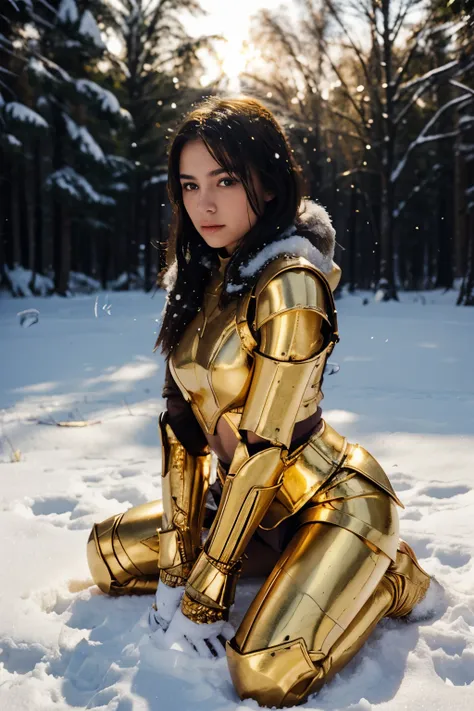 Intense girl, golden armour, trapped on snow, dark light, shinning