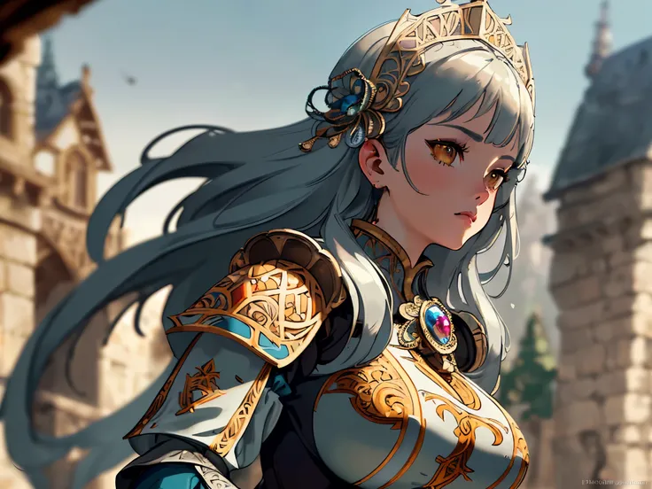 (masterpiece), (extremely intricate:1.3),, (realistic), portrait of a girl, the most beautiful in the world, (medieval armor), metal reflections, (huge breasts), huge breasts, upper body, outdoors, intense sunlight, far away castle, professional photograph...