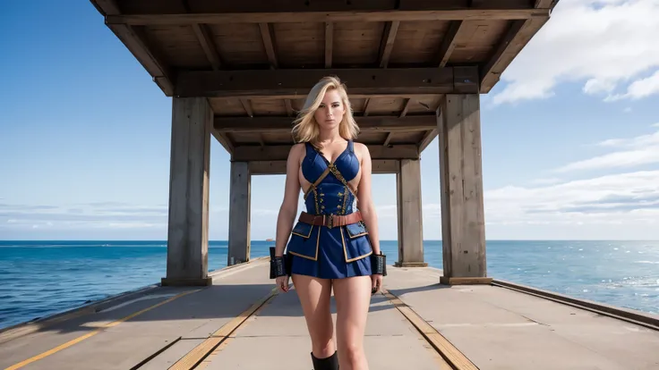 Absurd resolution, high resolution, (masterpiece: 1.4), hyper-detail, weapons testing site at an empty dock by the sea, 1 young woman, short blonde hair, soldier costume, very serious expression. Sony a9 II, 28mm wide angle lens, UHD