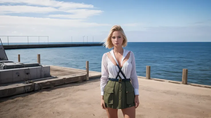 Absurd resolution, high resolution, (masterpiece: 1.4), hyper-detail, weapons testing site at an empty dock by the sea, 1 young woman, short blonde hair, soldier costume, very serious expression. Sony a9 II, 28mm wide angle lens, UHD