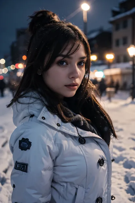 Intense girl, sexy, trapped on snow, cold, night background, unfocused background, intense shinning