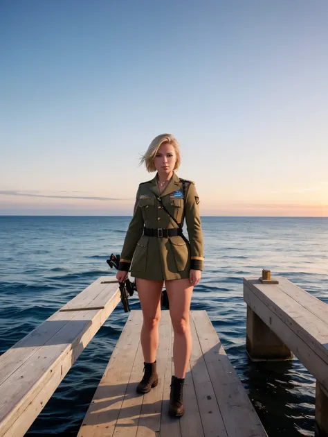 Absurd resolution, high resolution, (masterpiece: 1.4), hyper-detail, weapons testing site at an empty dock by the sea, 1 young woman, short blonde hair, soldier costume, very serious expression. Sony a9 II, 28mm wide angle lens, UHD