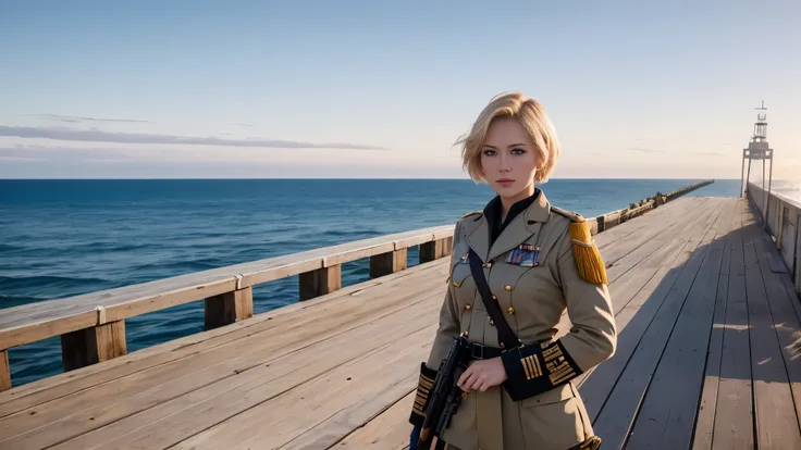 Absurd resolution, high resolution, (masterpiece: 1.4), hyper-detail, weapons testing site at an empty dock by the sea, 1 young woman, short blonde hair, soldier costume, very serious expression. Sony a9 II, 28mm wide angle lens, UHD