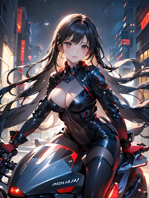 Best image quality, outstanding detail, ultra-high resolution, (realism: 1.4), best illustration, prefer details, riding a futuristic high-tech motorcycle, the background is a high-tech lighting scene of a futuristic city, black coat, red ribbon, Kiki, Jij...