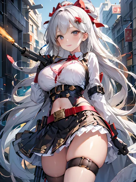 masterpiece, top quality, best quality, official art, beautiful and aesthetic,
1girl,gatling gun,  shell casing, looking at viewer, bangs, ammunition belt, gloves, ribbon,breasts,firing,
extreme detailed,highest detailed, optical mixing, playful patterns, ...