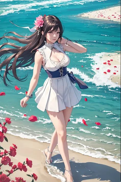 ((top-quality, 8K)), (Realistic),A character in a stylish and sexy summer dress walking along the shore., (Sleeveless: 1.1)、Skirt, D Cup Breasts,Countless petals are falling