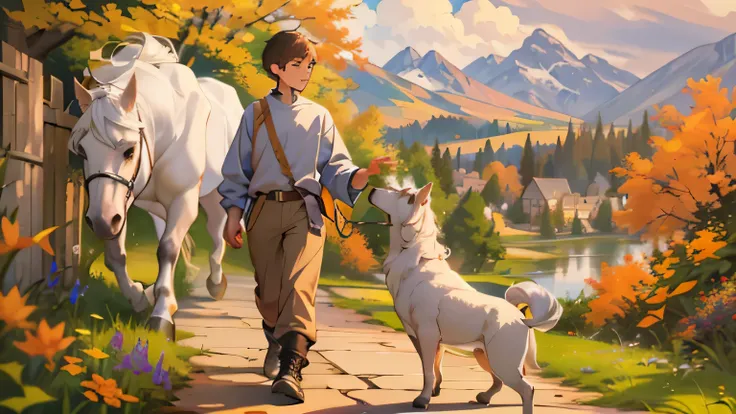 14 years old one boy slim and tall holding one Squirrel, walking with one wiggled brown and white dog, one white horse standing close by, one boy holding one squirrel, walking with one wiggled brown and white Dog and one White horse, there is a path that l...