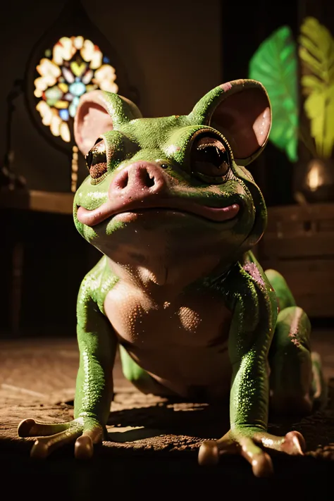 realistic. 8k. 3d. masterpiece. trippy. lucid. dmt. lsd. extreme lighting. frog with a pig face