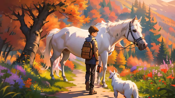 14 years old one boy slim and tall holding one Squirrel, walking with one dog, one white horse standing close by, one boy holding one squirrel, walking with one Dog and one White horse, there is a path that leads to a mountain with flowers, blossoming path...