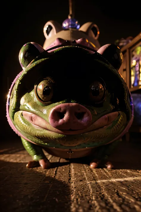 realistic. 8k. 3d. masterpiece. trippy. lucid. dmt. lsd. extreme lighting. frog with a pig face