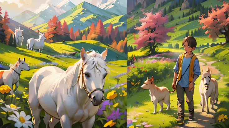 14 years old one boy slim and tall holding one Squirrel, walking with one dog, one white horse standing close by, one boy holding one squirrel, walking with one Dog and one White horse, there is a path that leads to a mountain with flowers, blossoming path...