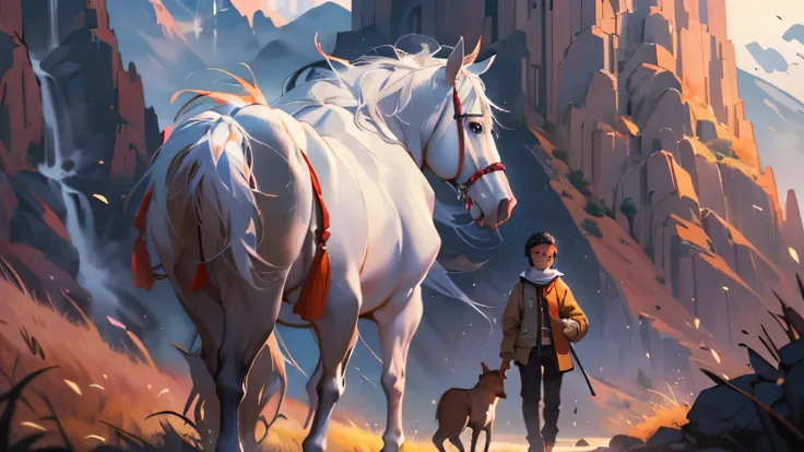 14 years old one boy slim and tall holding one Squirrel, walking with one dog, one white horse standing close by, one boy holding one squirrel, walking with one Dog and one White horse, mountains with a valley and a river in the foreground, beautiful art u...