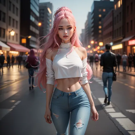 midynight, 8k, full bodyesbian, long leges, Focalors:1.2, perfect bodies，Beautuful Women:1.4, Slim abs:1.1, (Pink Long Hair, Slouching, whitet-shirt, denim pant,red high heel pumps,standing on your feet:1.2, city night scene, the roof:1.3，Perfect face line...