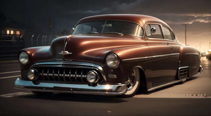 Chevy sedan 1950 seed: 759504711, flaming wheels, dark atmosphere, nightfall, cinema photography, lightning road, warm colours, keep the car faithfull to the original, 8K 