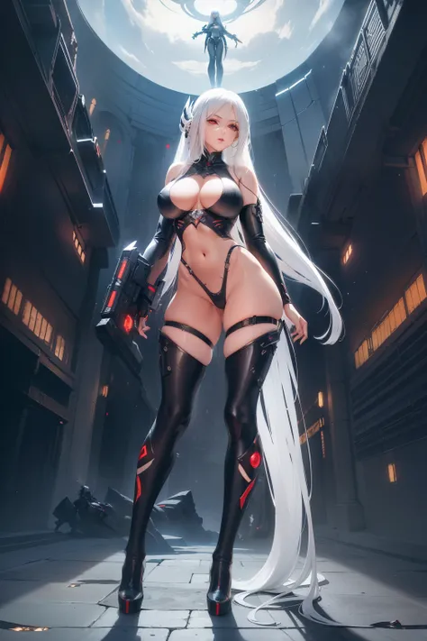 cinematic,Arkonidina, red iris, Stunning white hair of a beautiful woman in micro rope bikini standing in a futuristic setting. Beautiful leg with long barrel socks She is in the setting of a mysterious city embraced by a galaxy full of stars, representand...