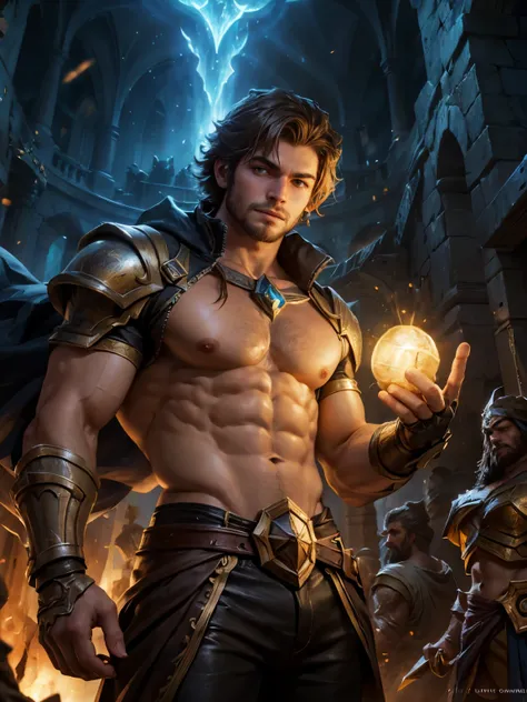 masterpiece, best quality, high resolution, closeup portrait, a male, greek god, fantasy, league of legends style, beautiful figure painting, bright light, amazing composition, front view, HDR, volumetric lighting, ultra quality, elegant, highly detailed