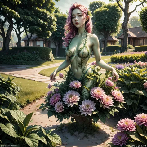 (best quality,4k,8k,highres,masterpiece:1.2),ultra-detailed, beautiful seductive Dryad in a suburban backyard garden, AubreyPlaza, tree woman, plant woman, plant flesh,  green dryad, green skin, hair made of pink flowers, glowing green eyes, sensual smile,...