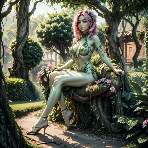 (best quality,4k,8k,highres,masterpiece:1.2),ultra-detailed, beautiful seductive Dryad in a suburban backyard garden, AubreyPlaza, tree woman, plant woman, plant flesh, green dryad, green skin, hair made of pink flowers, glowing green eyes, sensual smile, ...