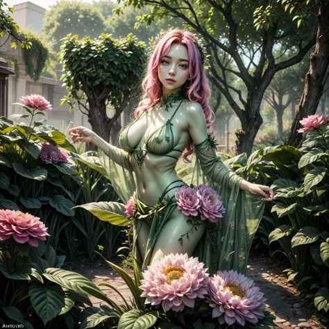 (best quality,4k,8k,highres,masterpiece:1.2),ultra-detailed, beautiful seductive Dryad in a suburban backyard garden, AubreyPlaza, tree woman, plant woman, plant flesh, green dryad, green skin, hair made of pink flowers, glowing green eyes, sensual smile, ...