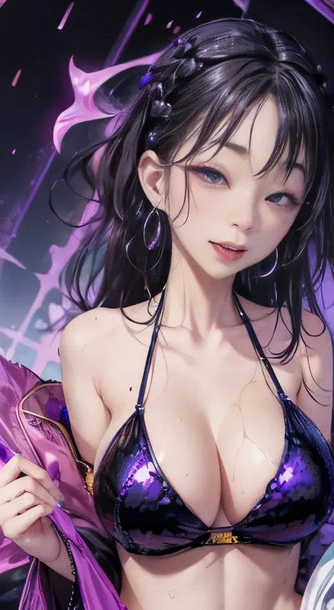 1 girl, smile, wide hips, huge tit, Excellent asset quality, 8K, muste piece: 1.3), clear focus: 1.2, perfect body beauty: 1.4, thin abs: 1.2, Highly detailed face and skin texture, fine eyes, double eyelid、long black wet hair), (wet body :1.Purple high wa...