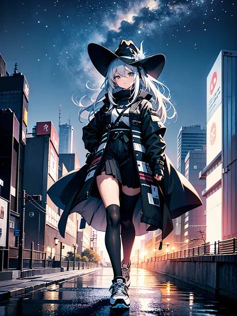 An adult woman lingering on the roof of a building overlooking the night view of Tokyo and the sea.、She has medium long, loose white hair and wears a large black witch hat with sapphire accessories.、her appearance is stylish、she is wearing a long black coa...