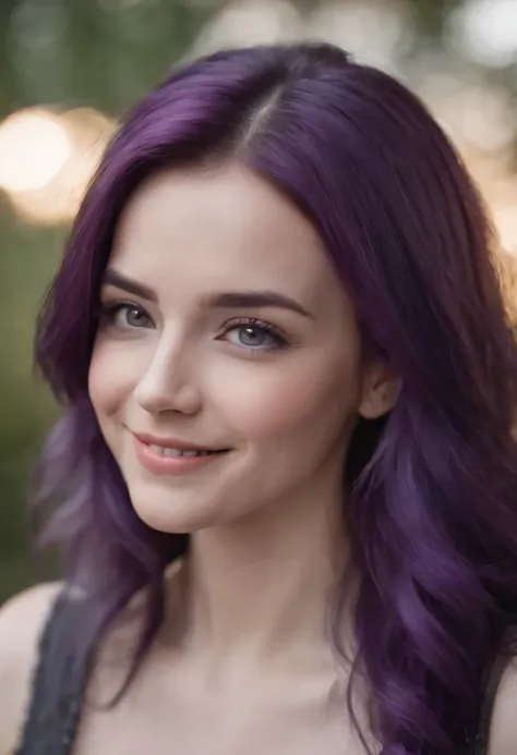 1girl, purple hair, long hair, purple eyes, smiling, 