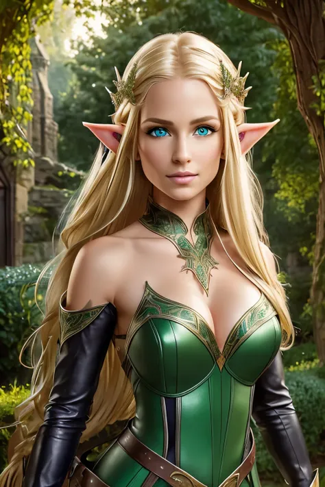 medieval setting, full view of body, (detailed elf ear, 1 woman, elven featured face, beautiful green eyes, blonde hair), leather armor, black leather pants, 