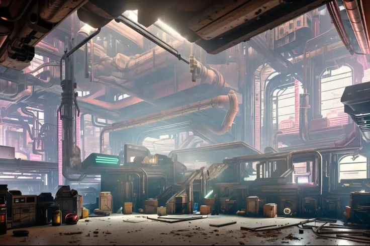 Interior, large interior room, warehouse, dark and lit with neon, gb, Blast furnace, industrial, sci-fi, tooimage, cyberpunk, futuristic city, centered, (extremely detailed:1.2), (intricate neon slums in the background:1.1), hyper-detailed, (soft lighting:...