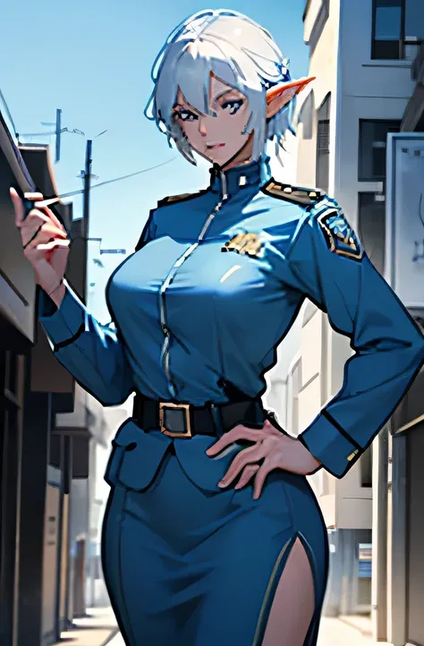 Crie uma policial feminina que seja uma elfa alta com lindas curvas vestindo um uniforme azul claro com alguns detalhes em azul escuro. The elf&#39;s hair is completely white and her eyes are greenish..