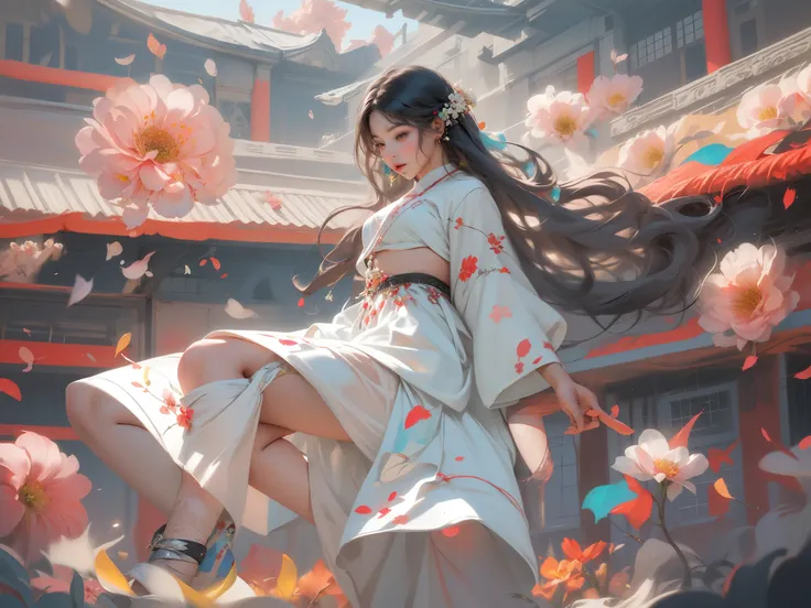 national foundation, Stroke flowers, 1 girl, alone, hanfu, archaic_Chinese_architecture, flower field, flowering, (White smoke:1.3) (lifelike:1.4), Lie on your side, mandala, twist, official art, Unified 16K wallpaper, Super detailed, Beautiful and beautif...